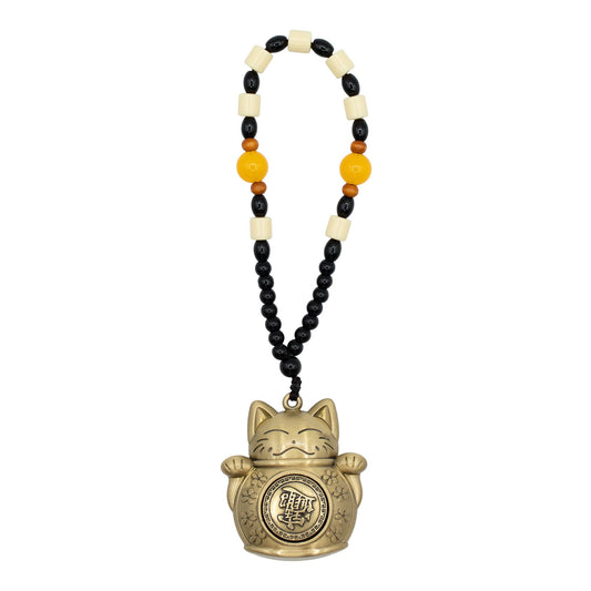 Golden Feng Shui hanging ornament featuring a traditional Maneki-neko lucky cat holding a wealth coin.