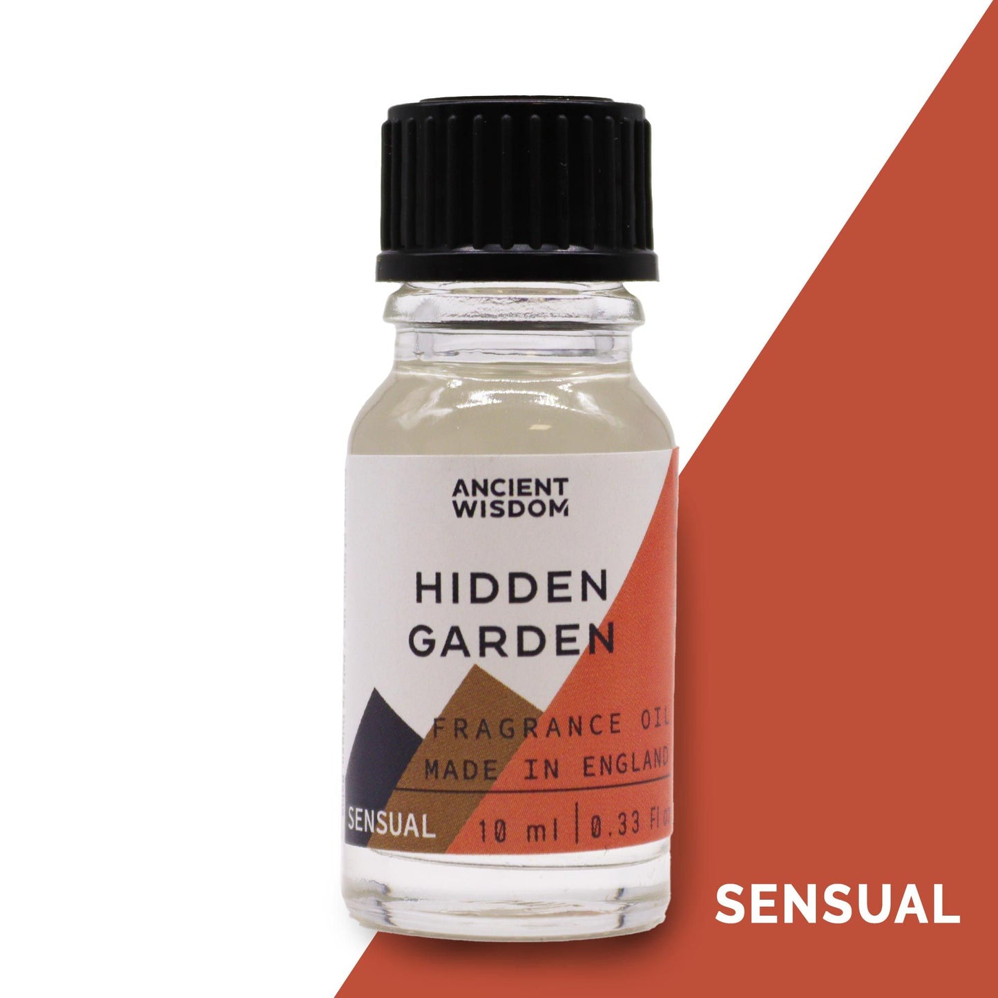 A 10ml amber glass bottle of Hidden Garden fragrance oil with a simple white label and black dropper cap.