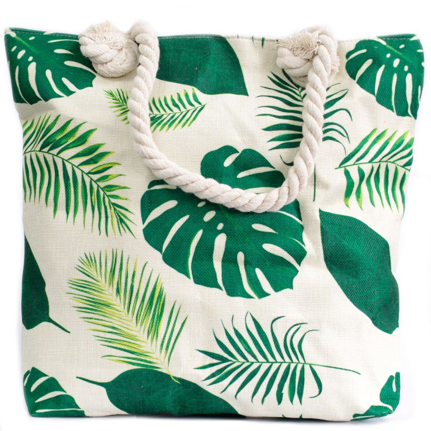 Sturdy canvas tote bag featuring a vibrant tropical green leaf print and thick soft cotton rope handles.
