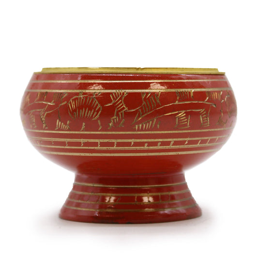 Handmade red charcoal incense jar with golden patterns and a tall base for ritual purification.