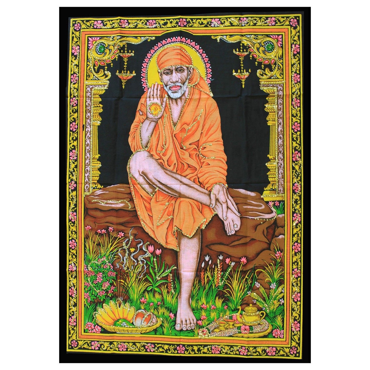 Detailed Indian wall art depicting the spiritual figure Sai Baba in a traditional seated pose.