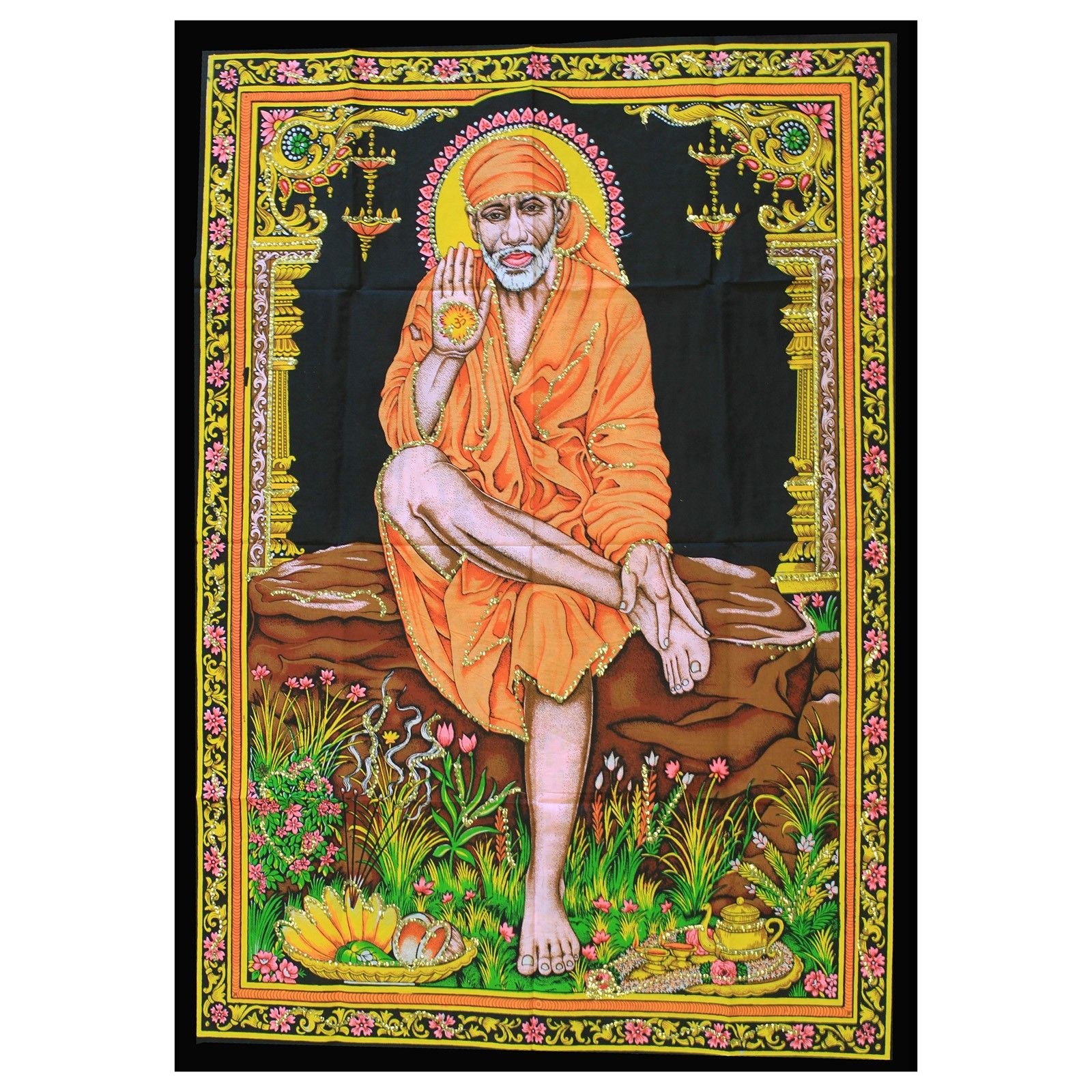 Detailed Indian wall art depicting the spiritual figure Sai Baba in a traditional seated pose.