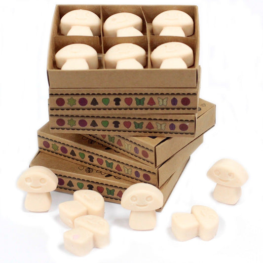 Six star-shaped vanilla and nutmeg scented natural soy wax melts in a small matchbox-style cardboard box.