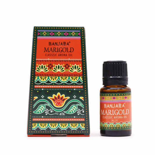A 10ml amber glass bottle of marigold fragrance oil featuring a vibrant yellow and orange floral label design.