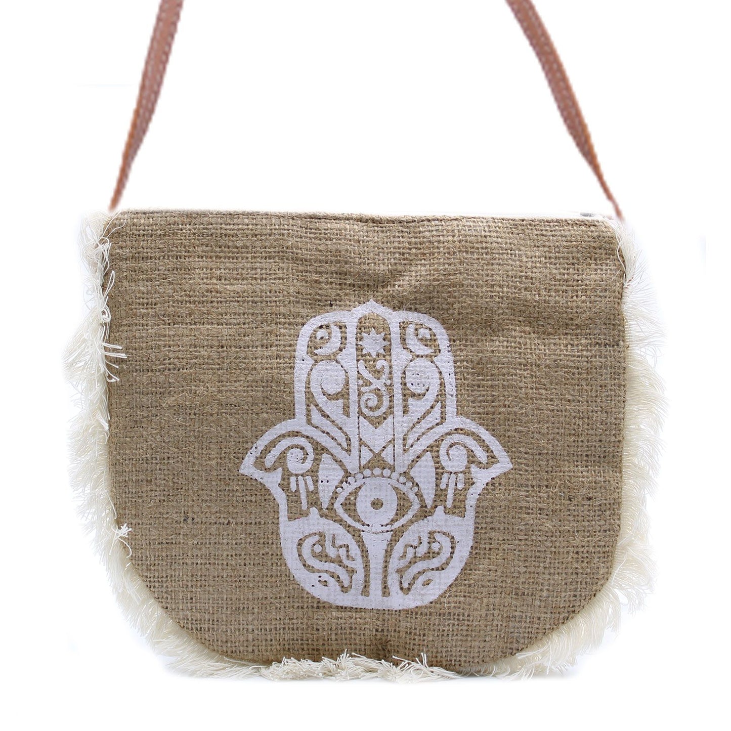 Soft washed natural jute bag featuring a black Hamsa hand screen print and decorative cotton fringe border.