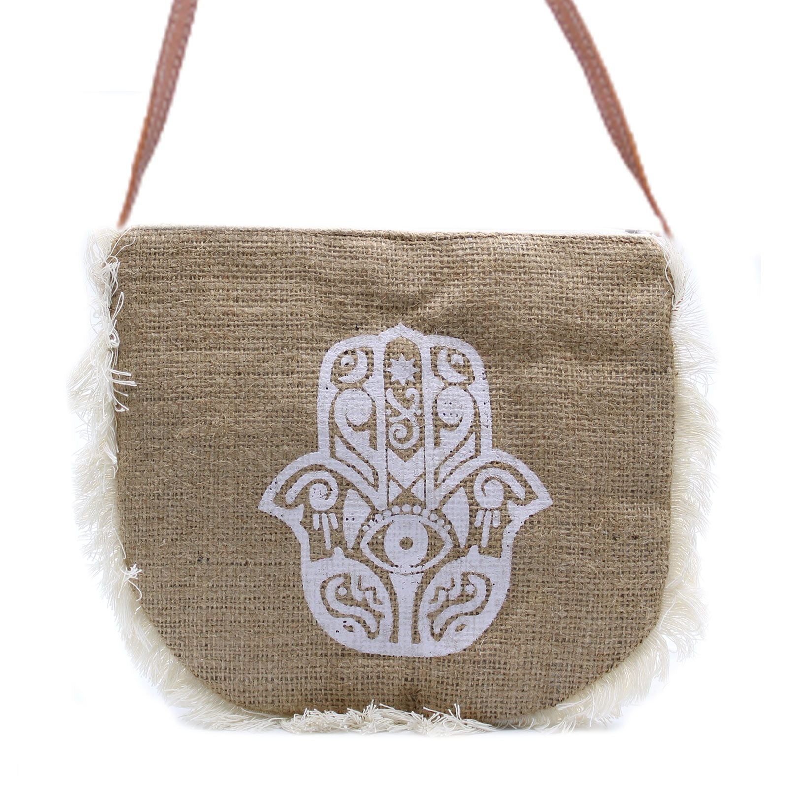 Soft washed natural jute bag featuring a black Hamsa hand screen print and decorative cotton fringe border.