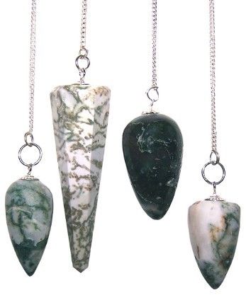 Green and white mottled Tree Agate gemstone pendulum on a silver-coloured chain.