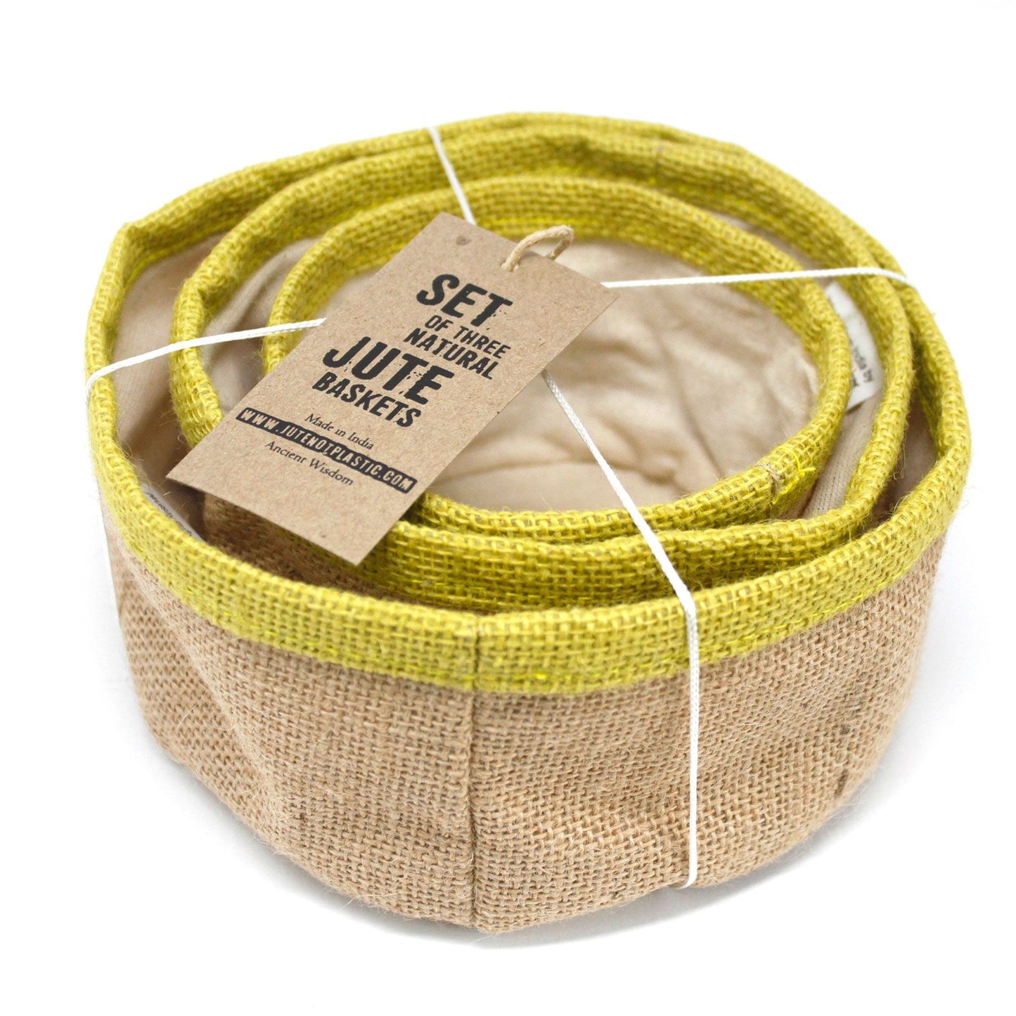 Set of three olive green woven natural jute baskets with soft cotton lining in various sizes.
