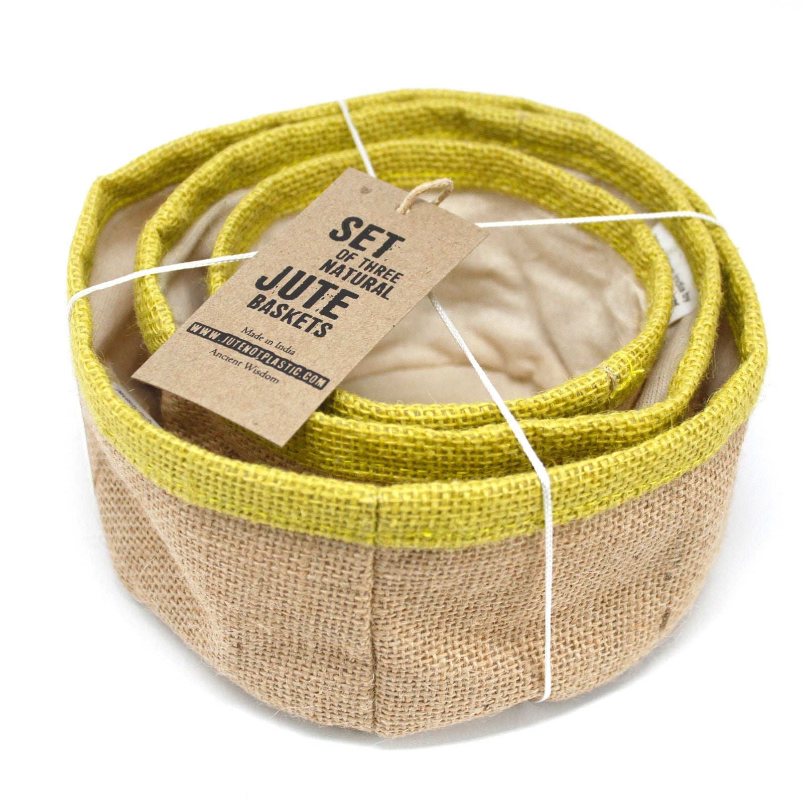 Set of three olive green woven natural jute baskets with soft cotton lining in various sizes.