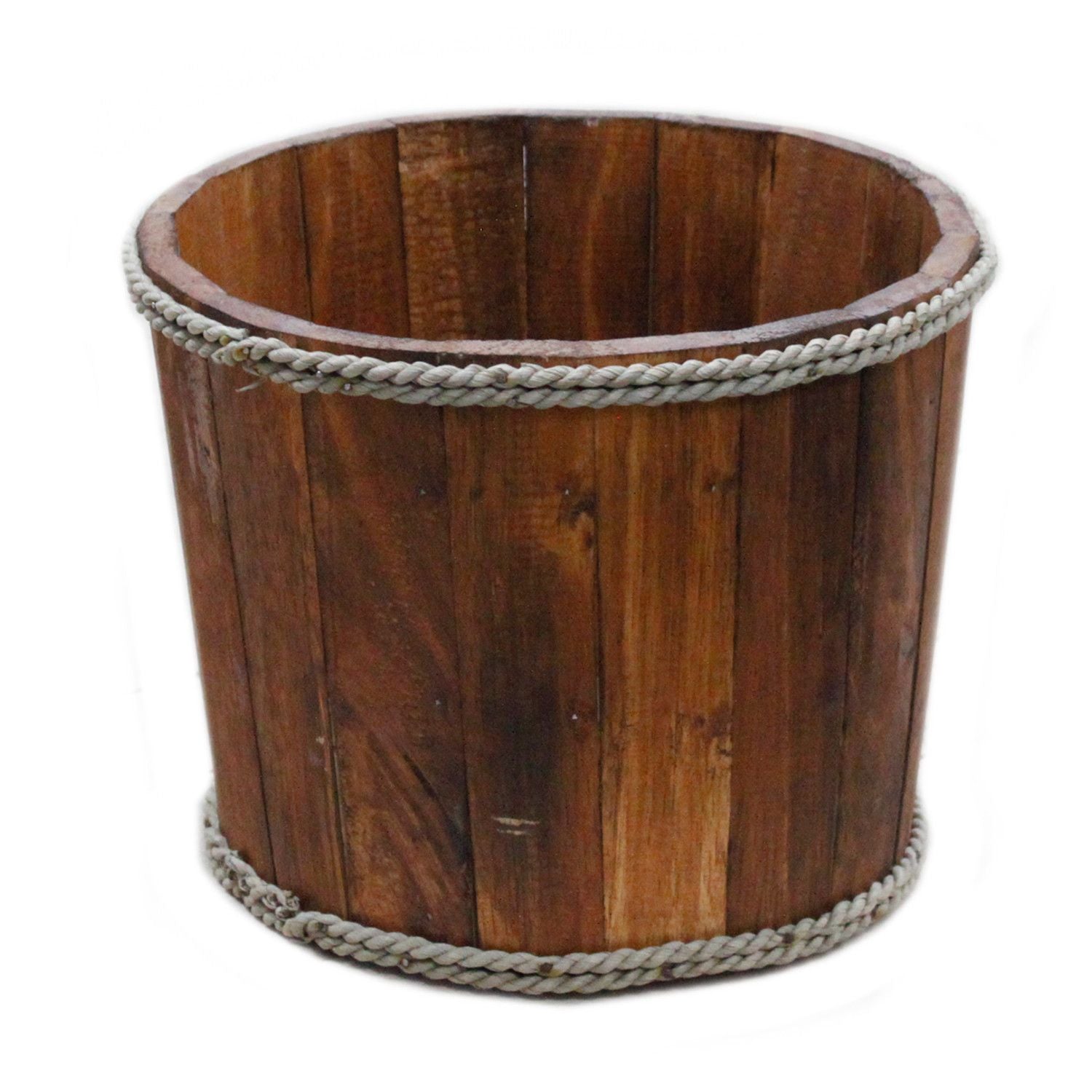 Small round rustic brown wooden display tub with a nautical design, ideal for holding plants or home accessories.