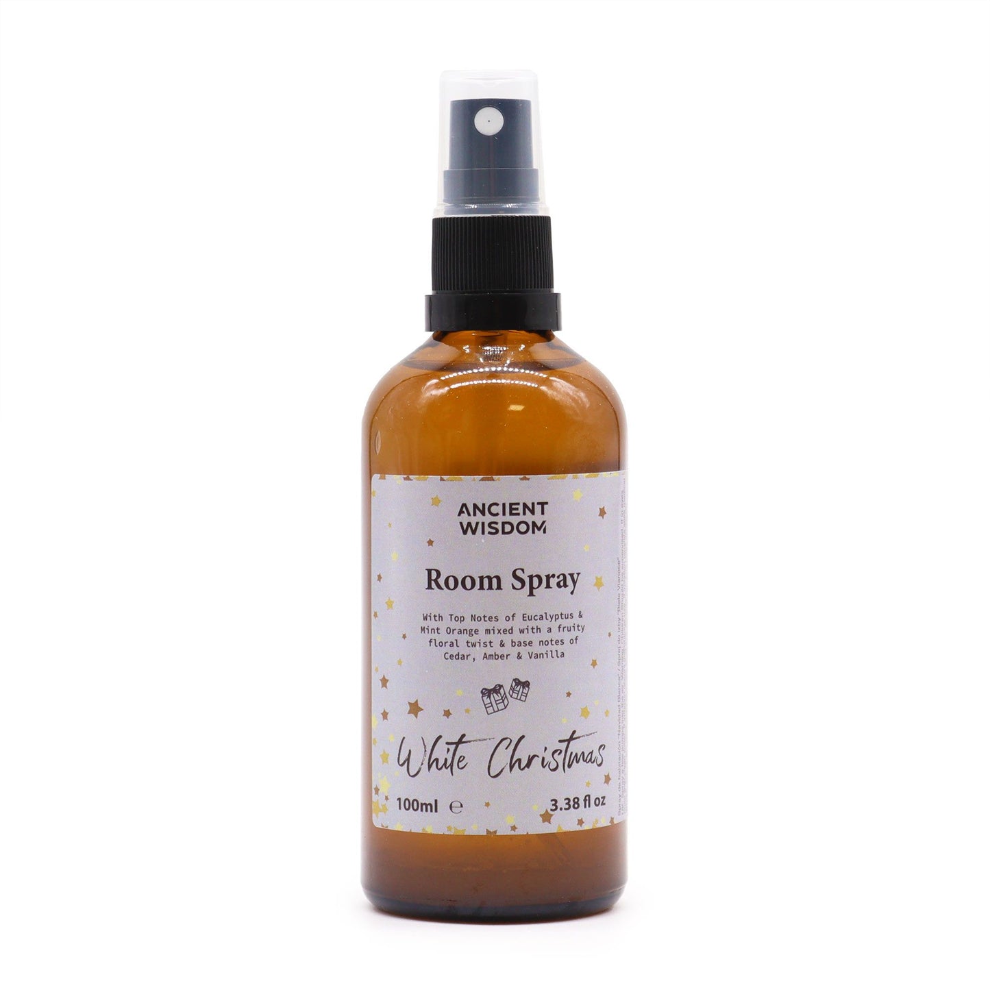 Clear 100ml glass bottle of White Christmas room spray with a silver pump and minimalist festive label.