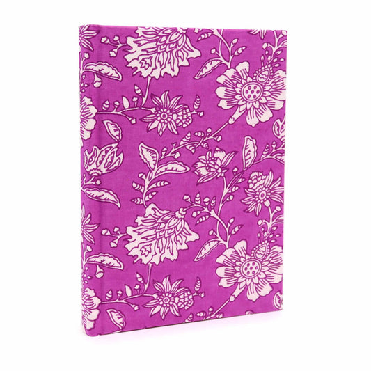 Handmade cotton bound notebook in a vibrant antique fuchsia pink with textured fabric cover and 20x15cm dimensions.