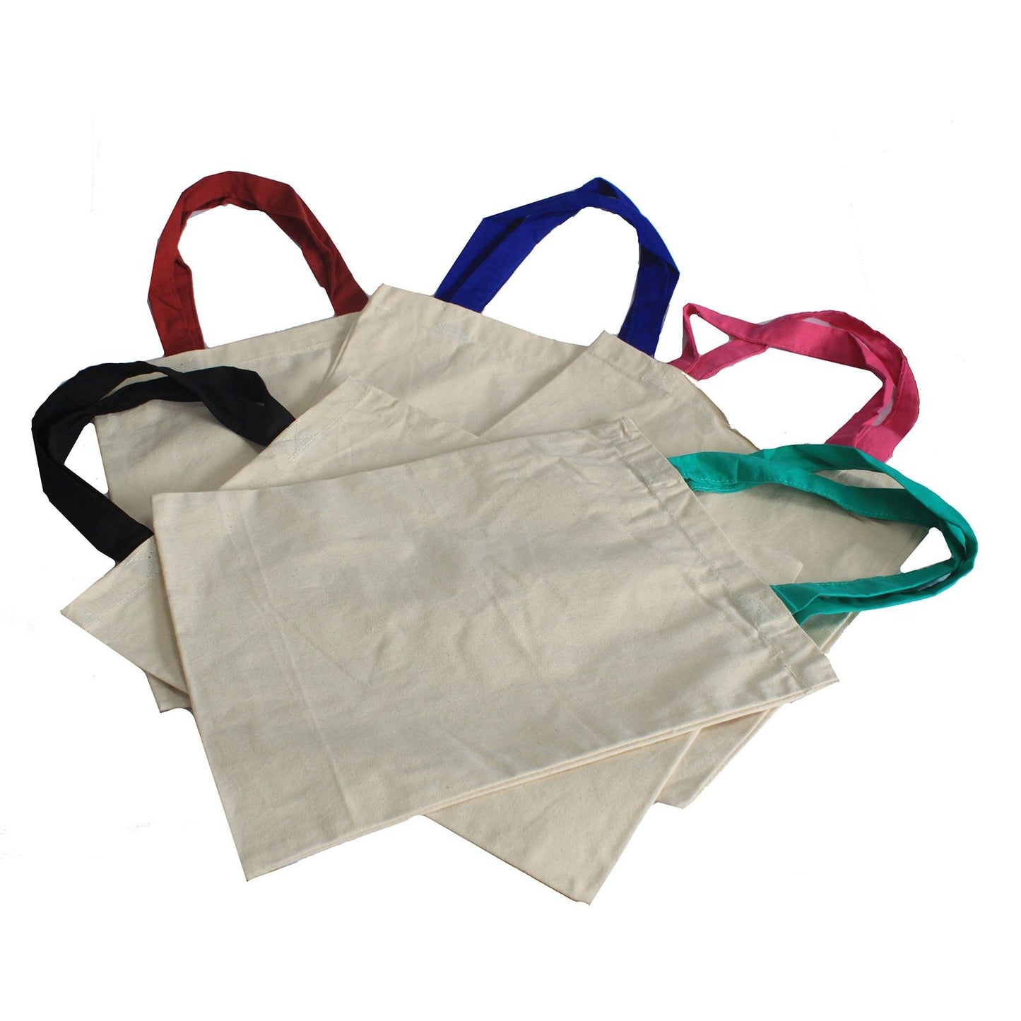 Large eco-friendly natural cotton tote bag with vibrant, multi-coloured long woven handles laid flat.
