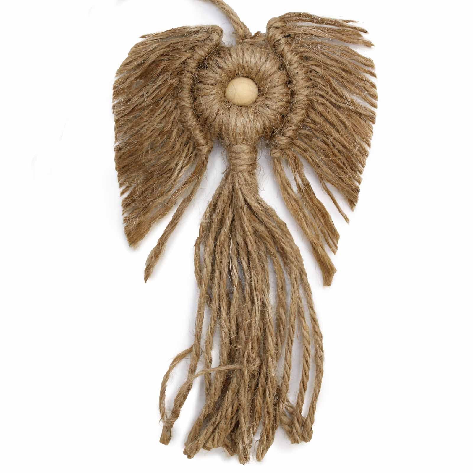 Hand-woven white cotton macrame angel figurine with a rebel theme, presented in a wooden gift box.