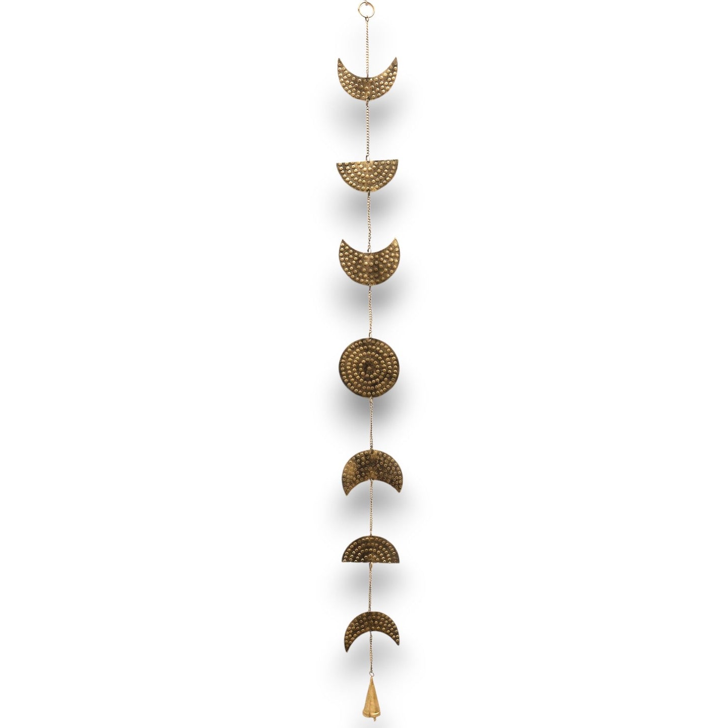 Elegant 25cm brass wind chime featuring cascading moon phases and a small bell at the bottom.
