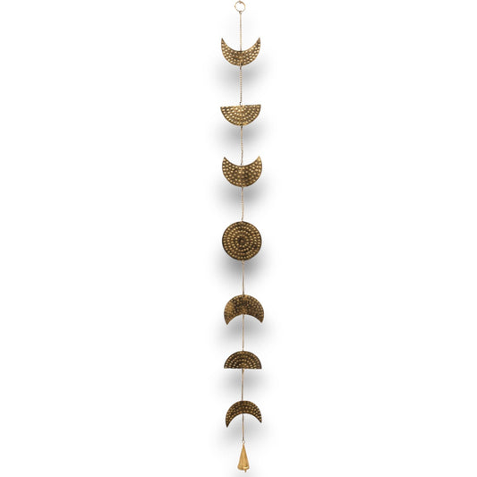 Elegant 25cm brass wind chime featuring cascading moon phases and a small bell at the bottom.