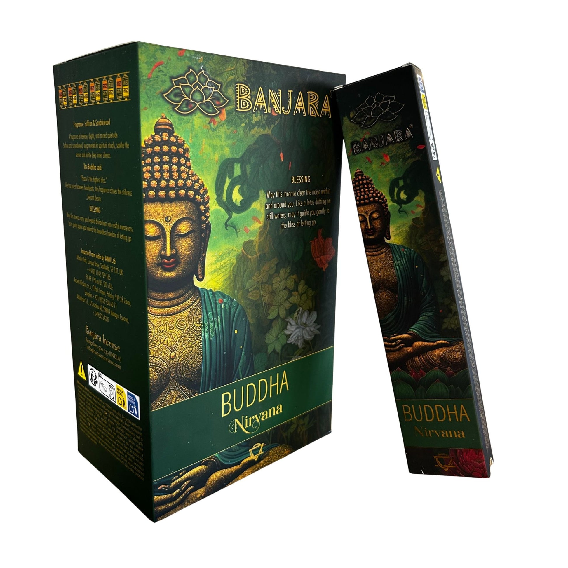 Handcrafted Indian incense sticks in a decorative Banjara Buddha Nirvana themed box on a neutral background.