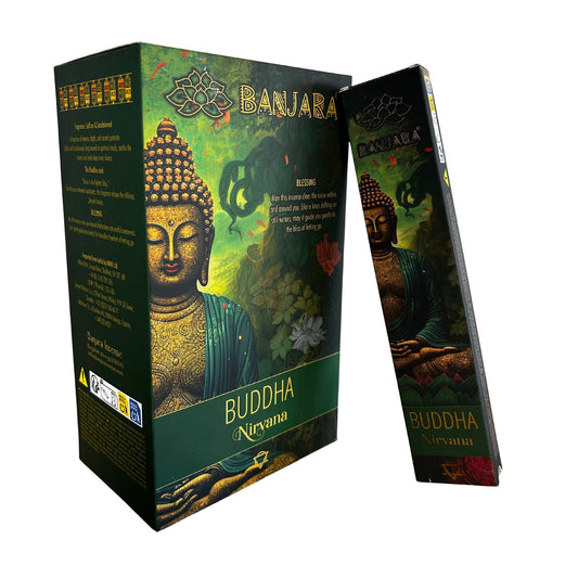 Handcrafted Indian incense sticks in a decorative Banjara Buddha Nirvana themed box on a neutral background.