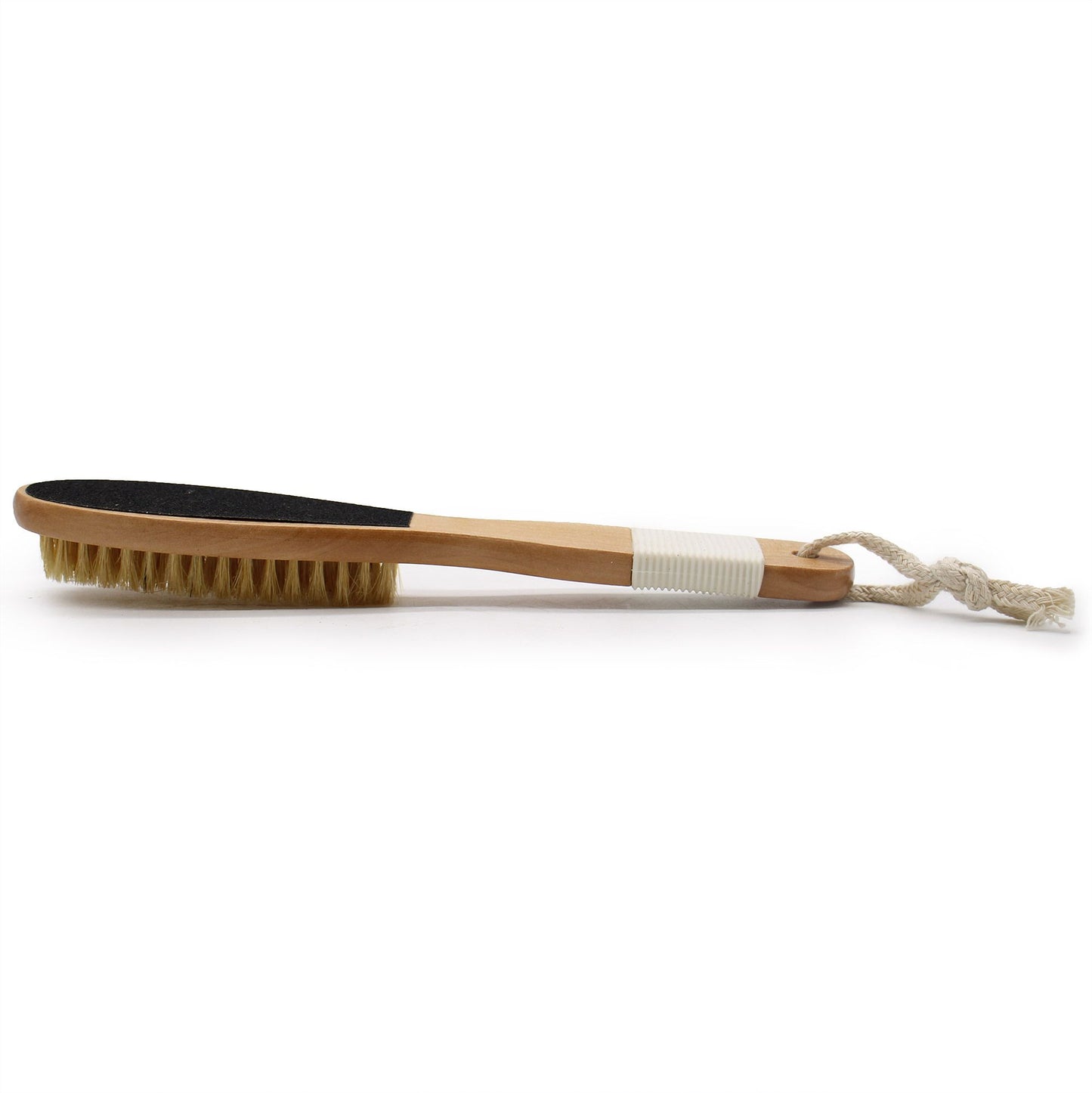 A double-sided wooden bath tool featuring a soft bristle brush on one side and a pumice-style foot file on the other.