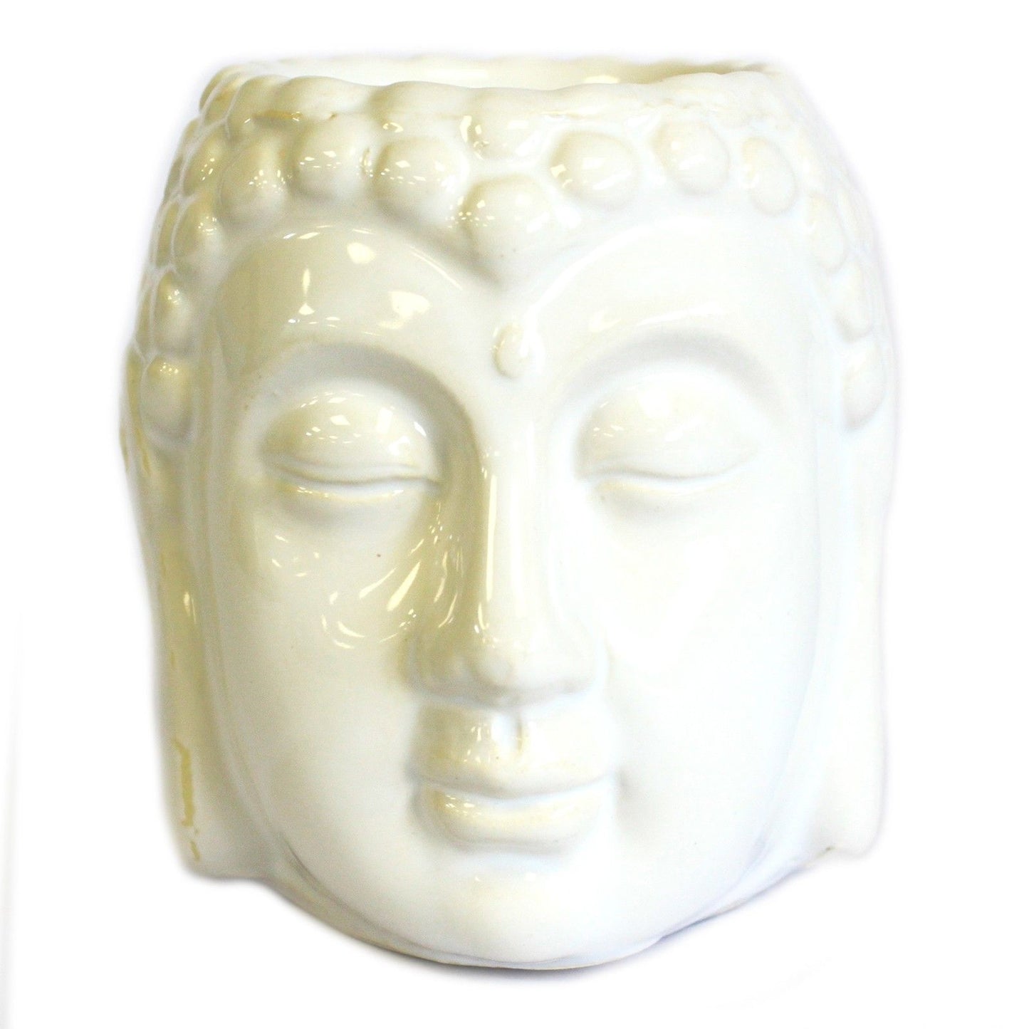 Elegant white ceramic Buddha head oil burner with a decorative glaze finish and tea light candle opening.