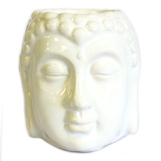 Elegant white ceramic Buddha head oil burner with a decorative glaze finish and tea light candle opening.