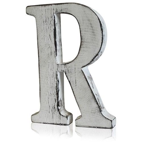Hand-carved white-wash mango wood alphabet letter R with a rustic shabby chic finish.
