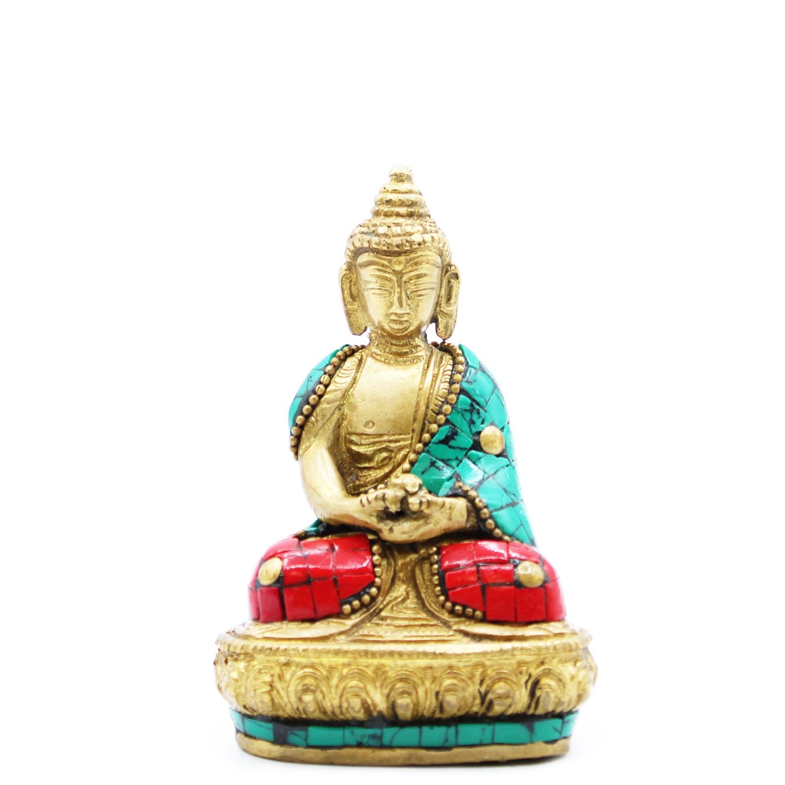 Intricately detailed 9.5cm brass Amitabha Buddha figure in a meditative seated posture with a serene expression.