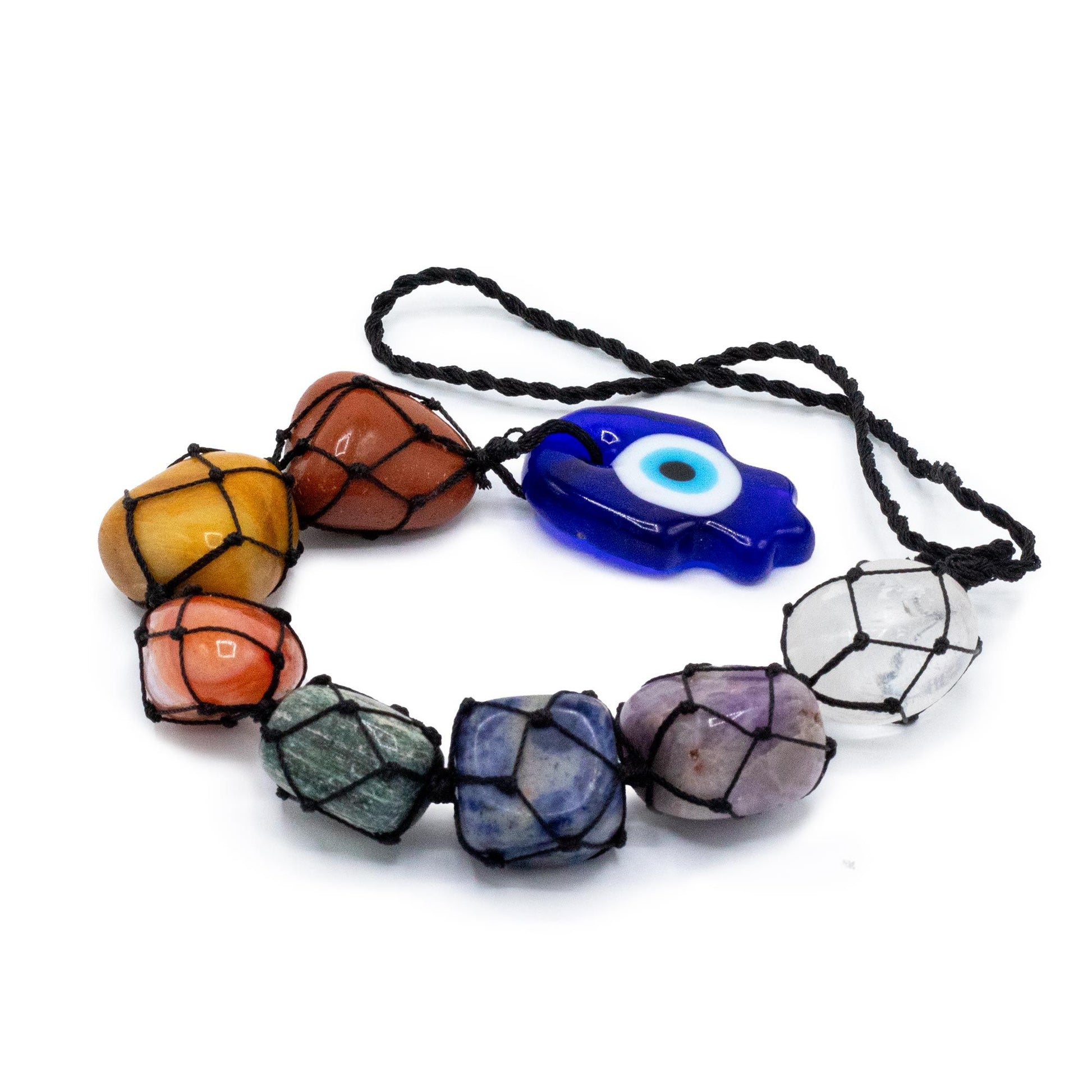 Silver-coloured Hansa hand pendant featuring seven small round multi-coloured chakra stones arranged vertically.