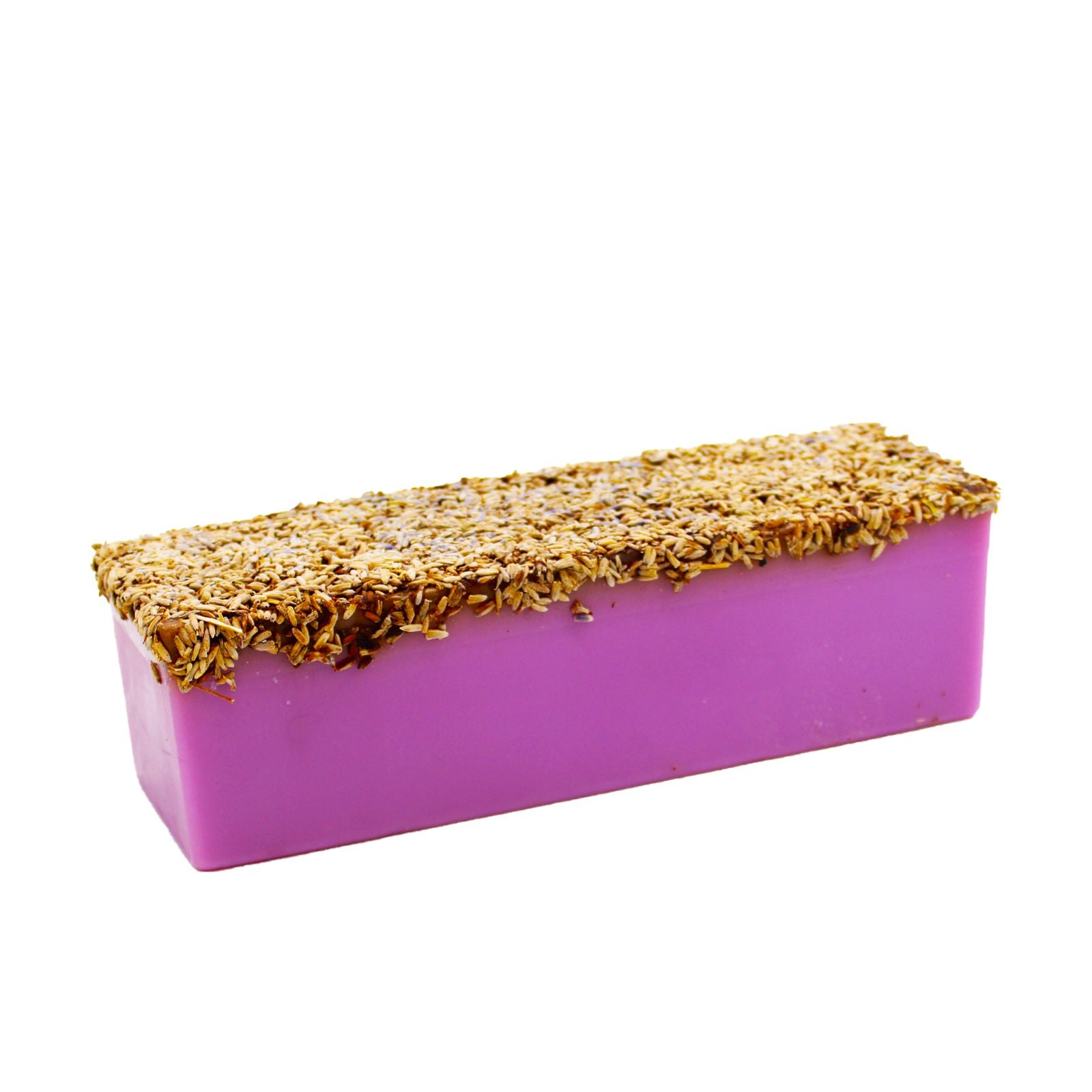 Hand-crafted soap loaf with a rich purple hue, topped with dried lavender flowers and natural textures.
