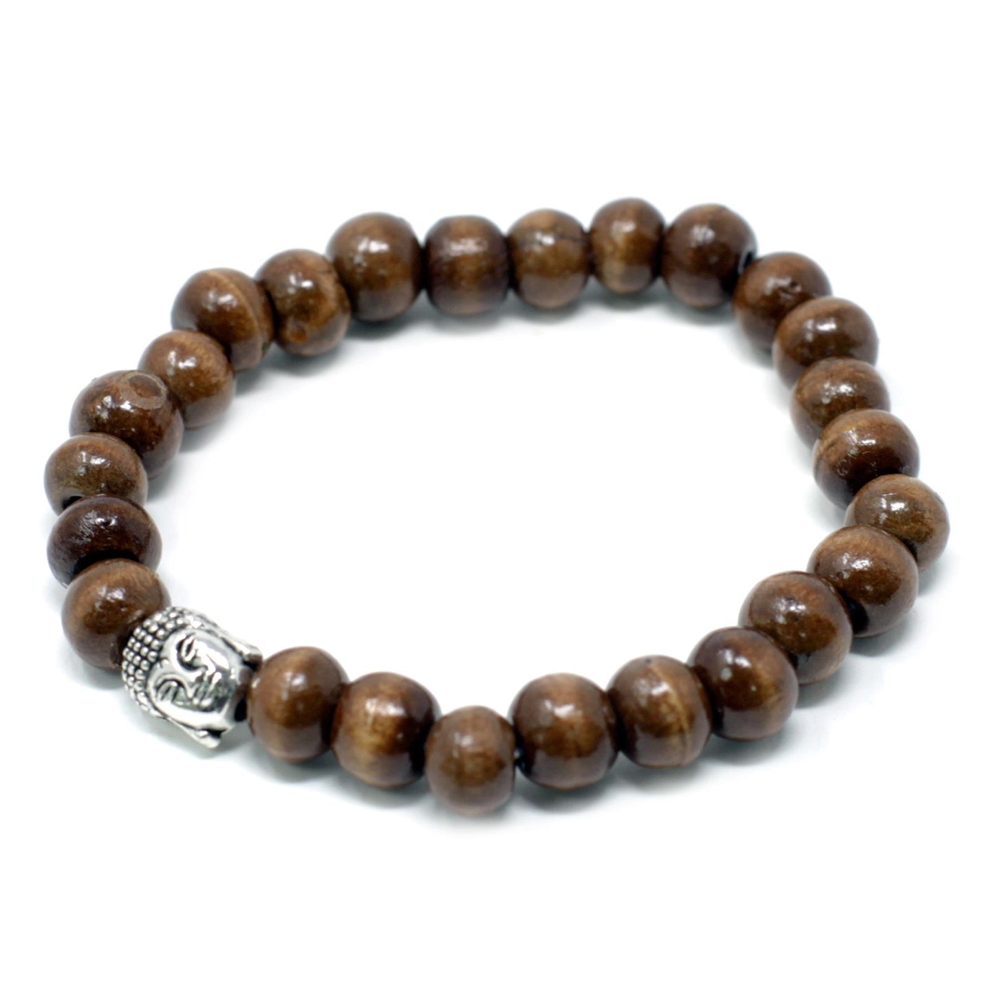 Handcrafted unisex bracelet featuring earthy brown beads and a detailed silver-tone Buddha charm on an elasticated cord.