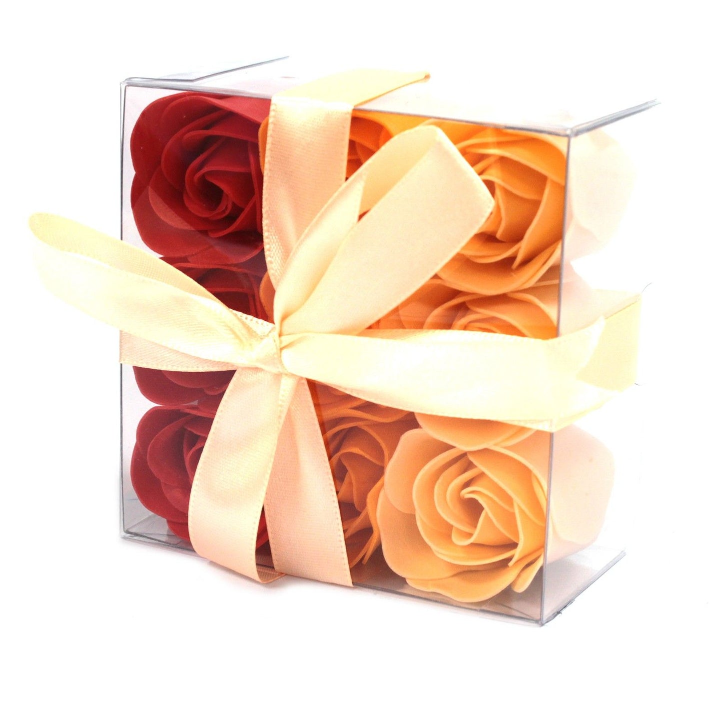 Elegant box containing nine realistic peach-coloured soap roses with delicate petals.