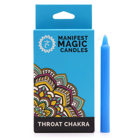 Twelve slender blue spell candles bundled together for throat chakra manifestation and spiritual practice.