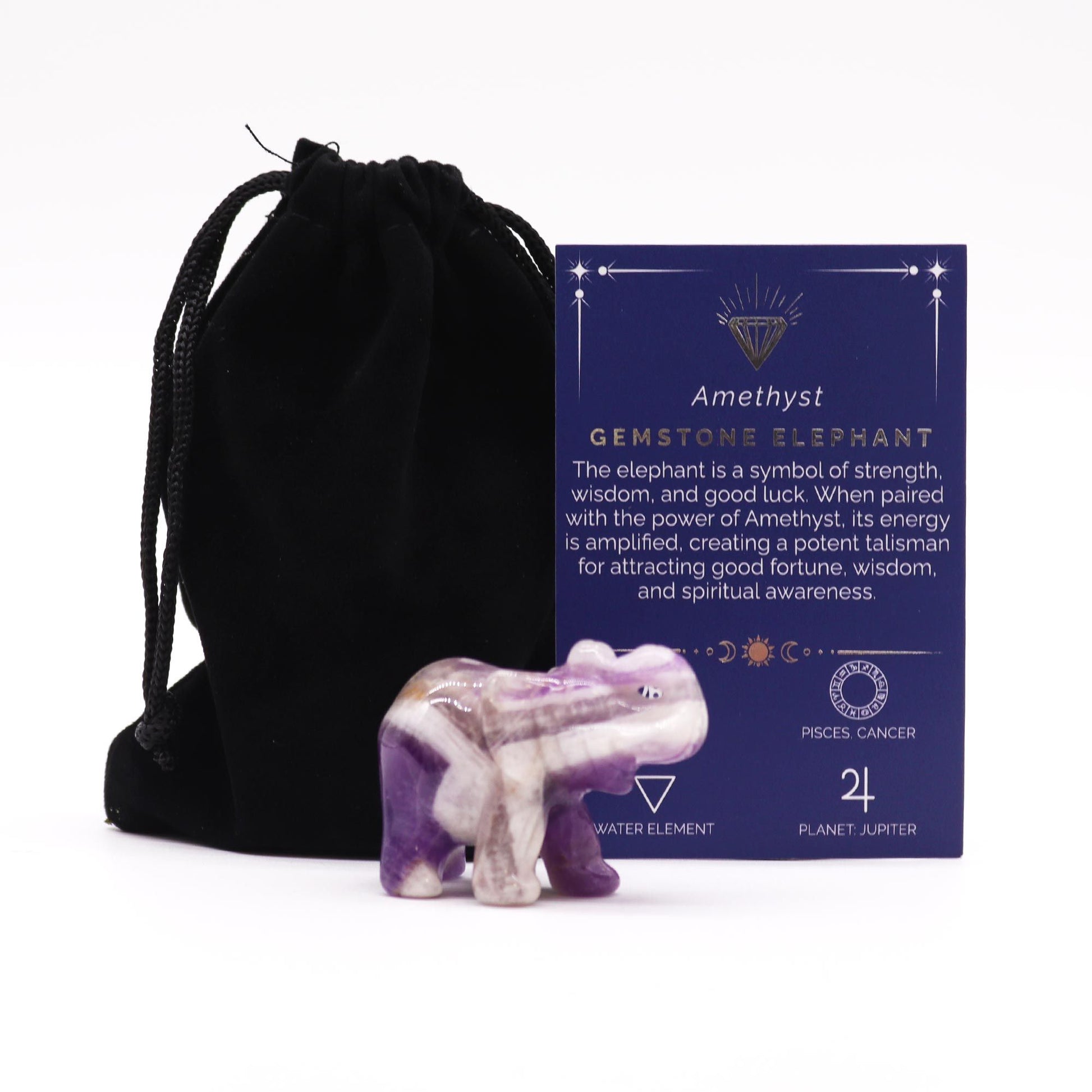 Small hand-carved purple amethyst gemstone figurine in the shape of an elephant with its trunk raised.
