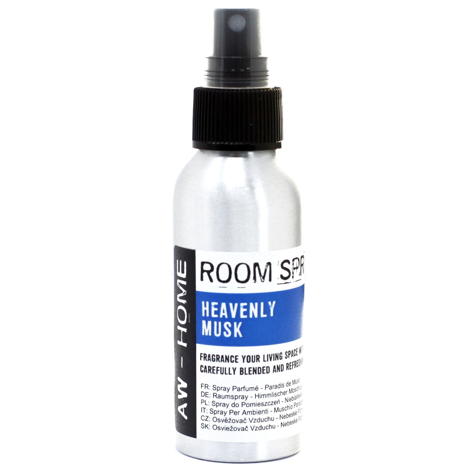 A 100ml silver aluminium bottle of Heavenly Musk room spray with a spray nozzle.