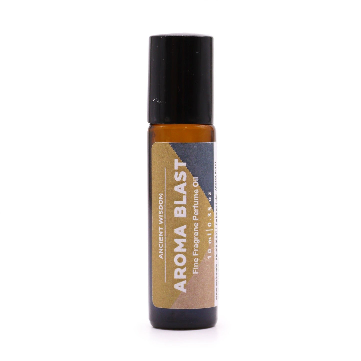 Clear 10ml glass roll-on bottle containing amber-coloured perfume oil with a sleek black cap.