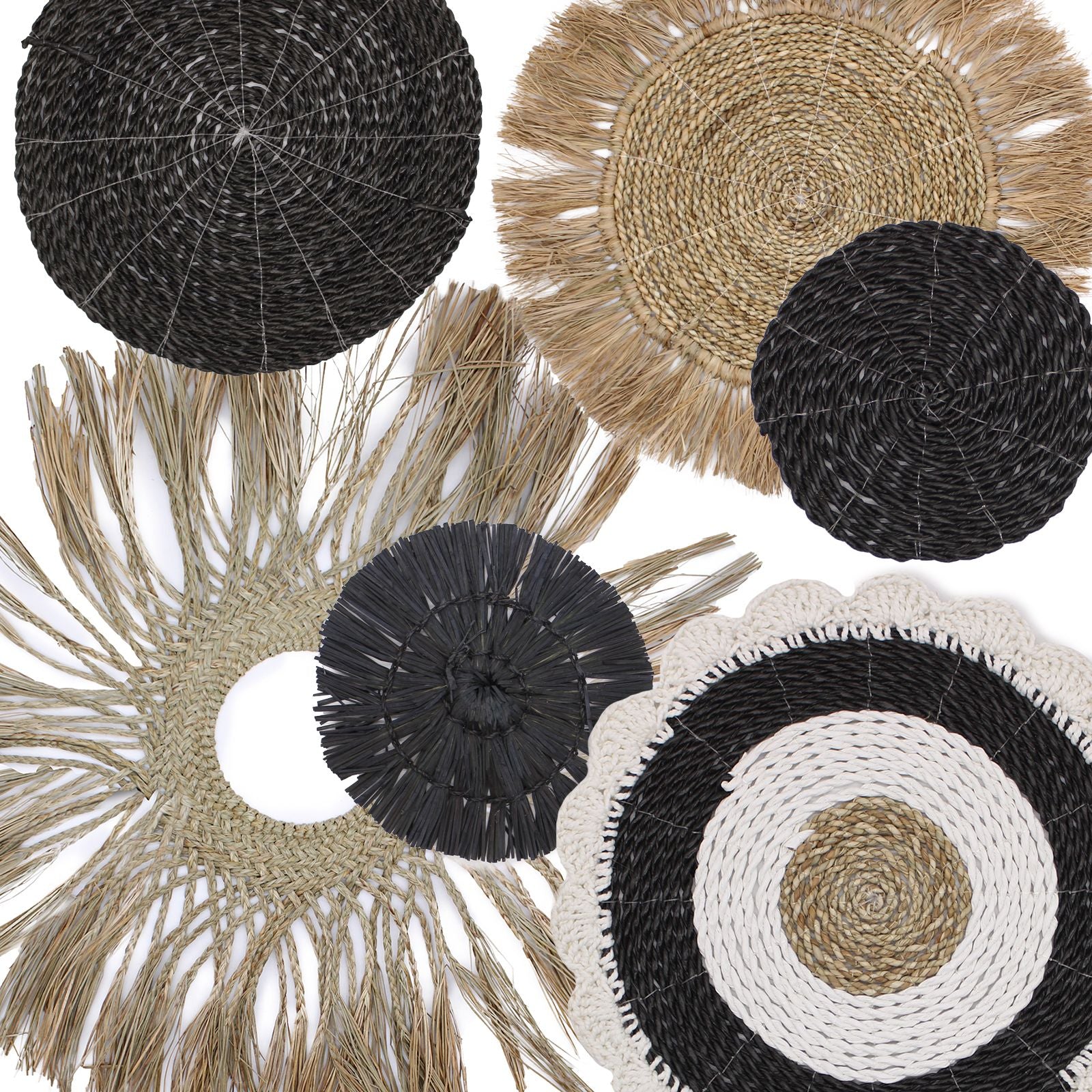 Set of six handcrafted natural wall art pieces with organic textures and neutral tones for home decor.
