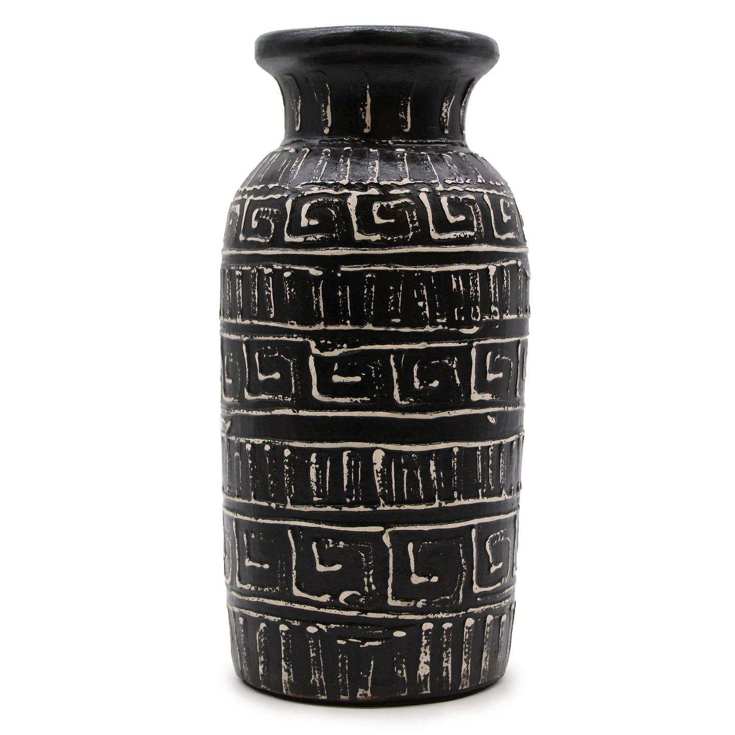 Handmade chocolate brown terracotta vase with a straight cylindrical shape and traditional etched patterns.