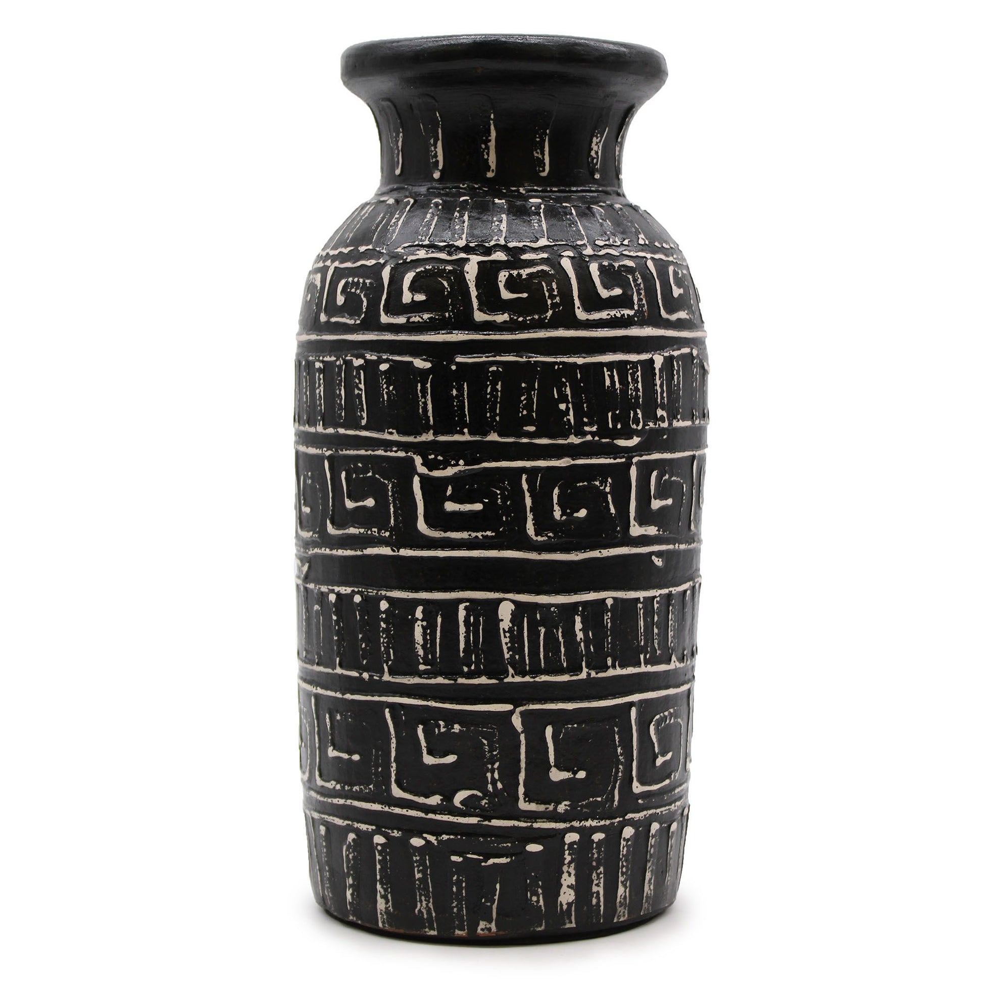 Handmade chocolate brown terracotta vase with a straight cylindrical shape and traditional etched patterns.