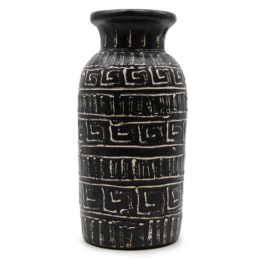 Handmade chocolate brown terracotta vase with a straight cylindrical shape and traditional etched patterns.