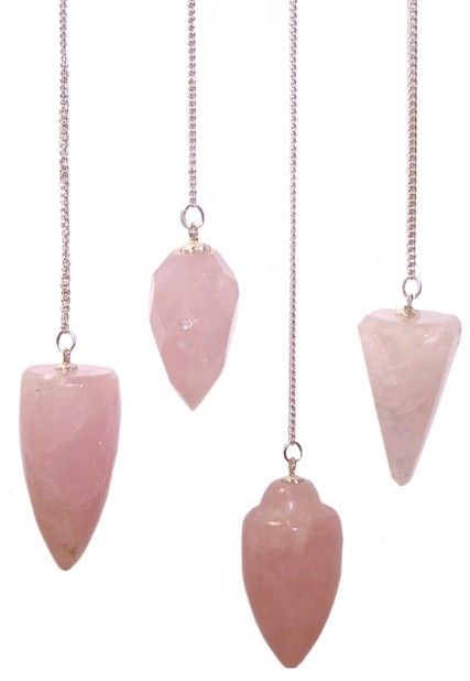 Elegant faceted rose quartz crystal pendulum suspended from a silver-toned chain for spiritual dowsing.