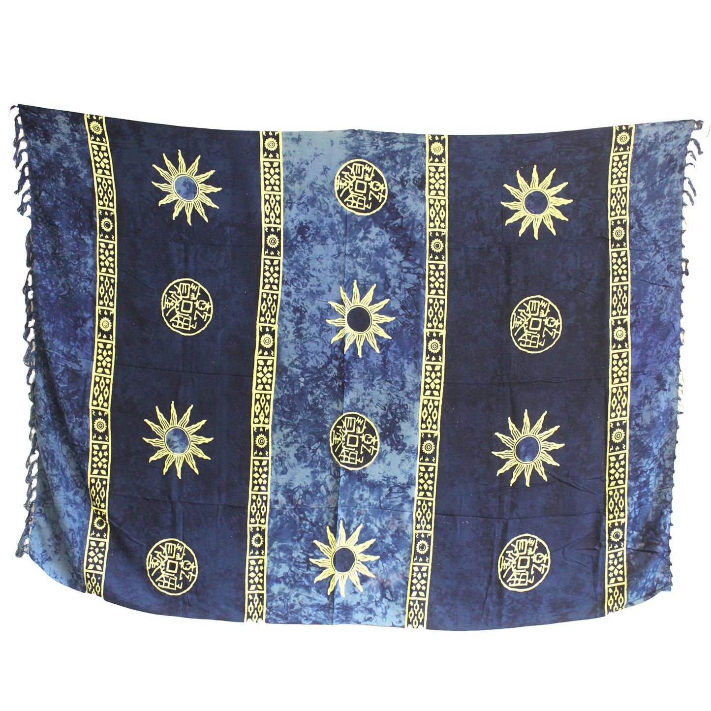 Lightweight blue sarong featuring white Celtic-style sun symbols and a decorative border.