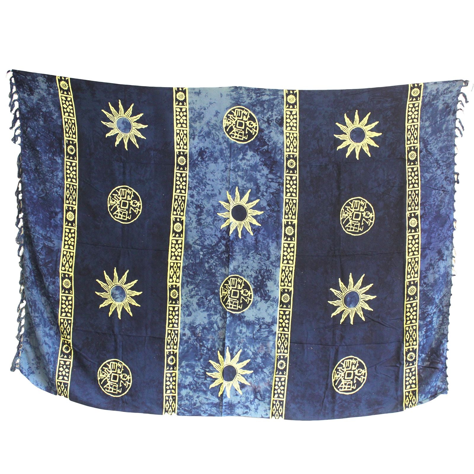 Lightweight blue sarong featuring white Celtic-style sun symbols and a decorative border.