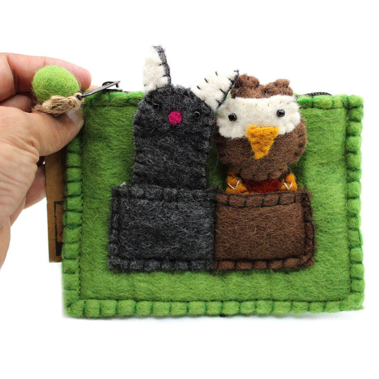 Colourful fabric pouch containing adorable handcrafted owl and pussycat finger puppets.