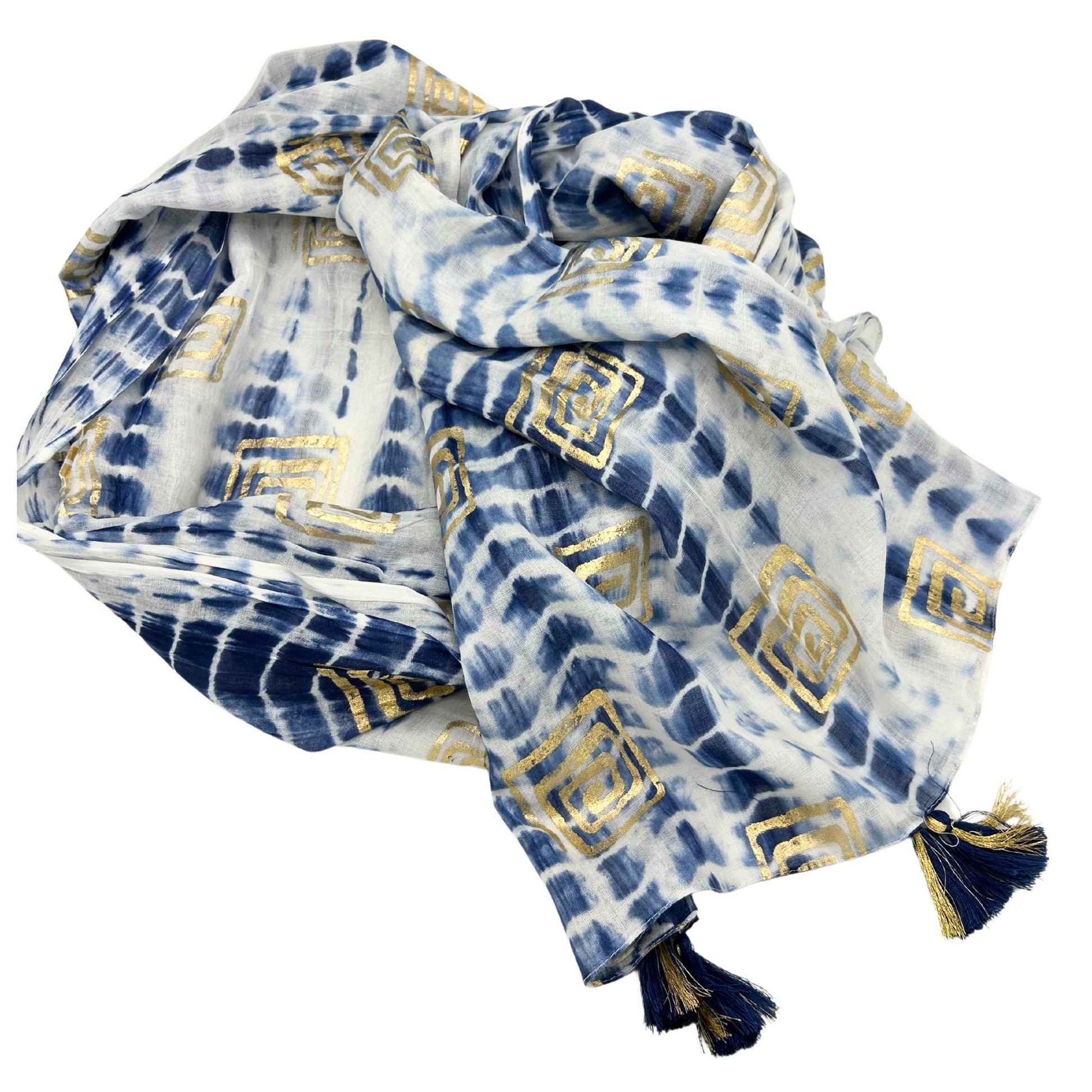 Blue tie-dye and traditional blockprint pattern pario wrap with decorative borders and handmade aesthetic.