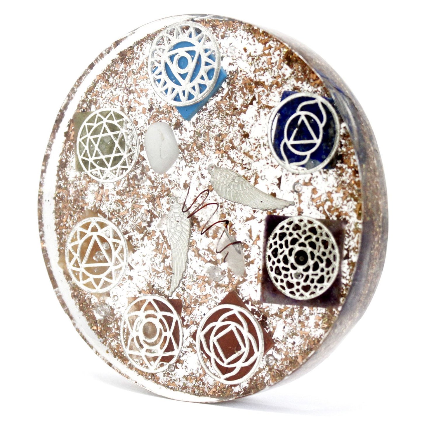 Large pyramid-shaped orgonite desk ornament containing colourful gemstone chips, copper filings, and esoteric symbols.