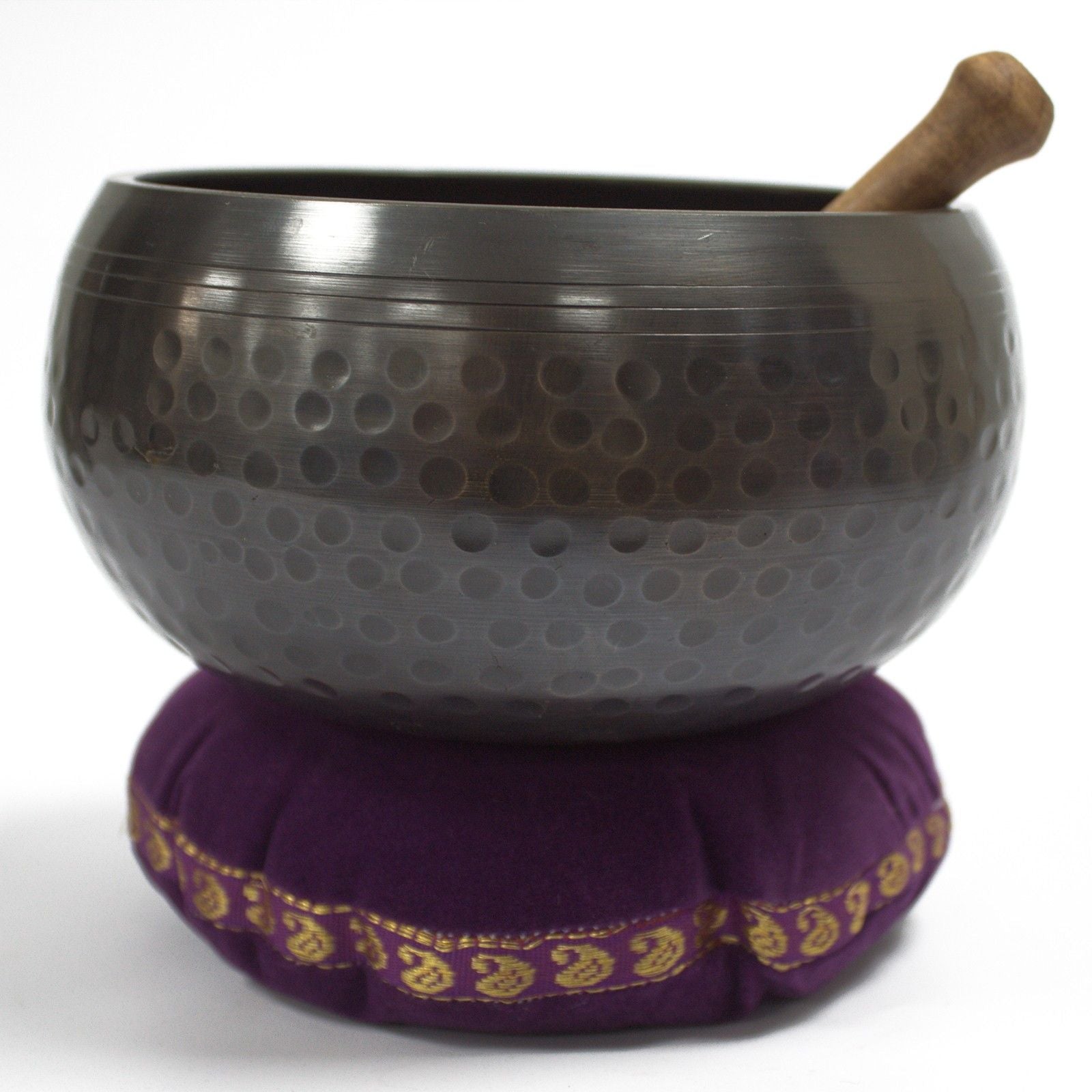 Soft 11cm square velvet cushion with decorative embroidery for supporting a Tibetan singing bowl.