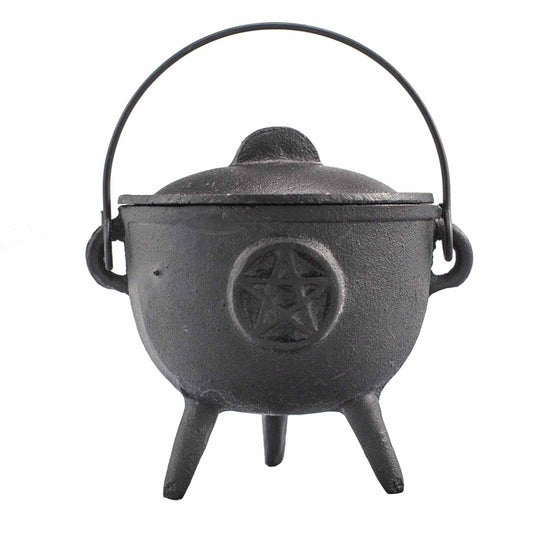 Sturdy black cast iron cauldron featuring a raised pentagram symbol on three legs with a swinging metal handle.