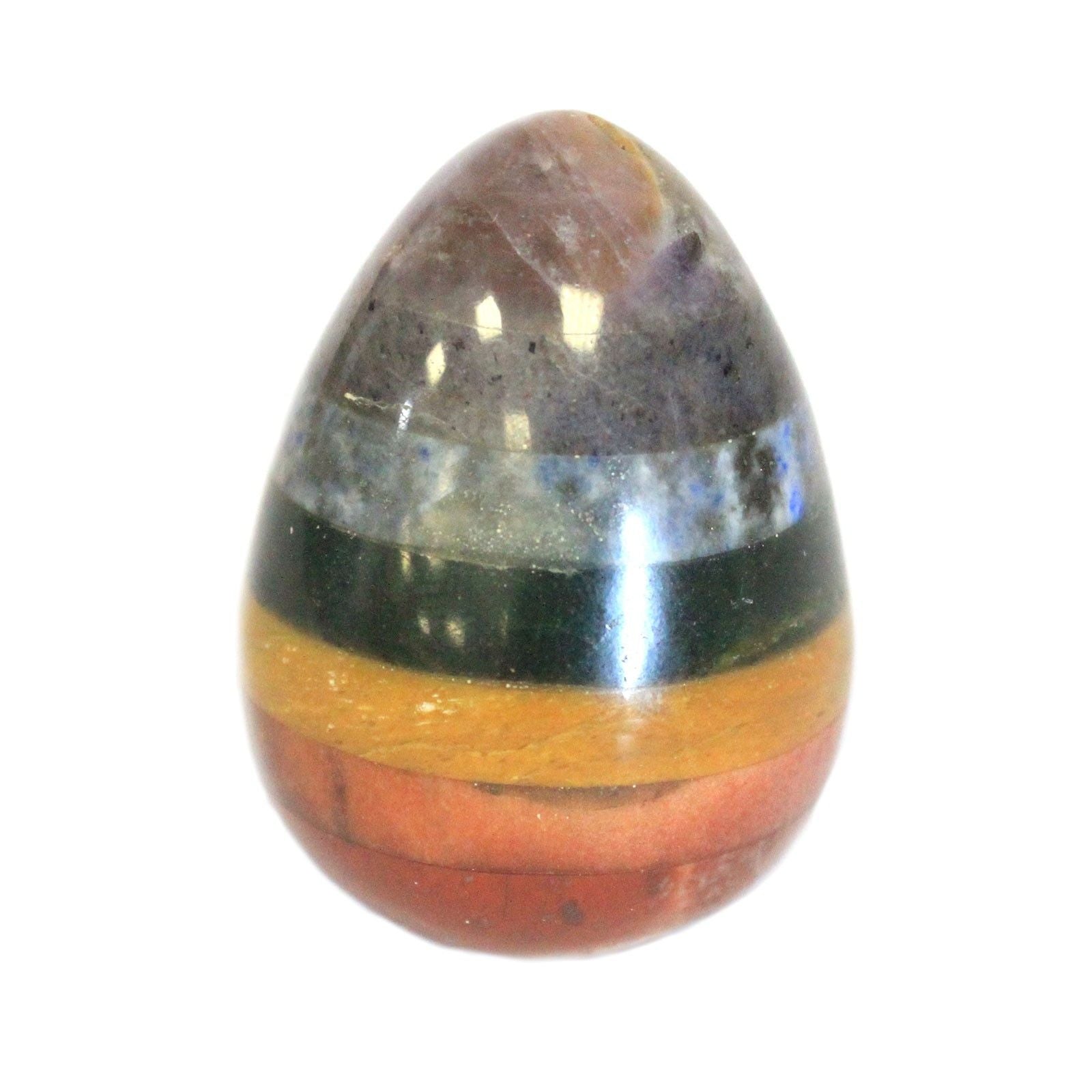 Handcrafted egg-shaped stone featuring seven layers of different coloured gemstones representing the chakras.
