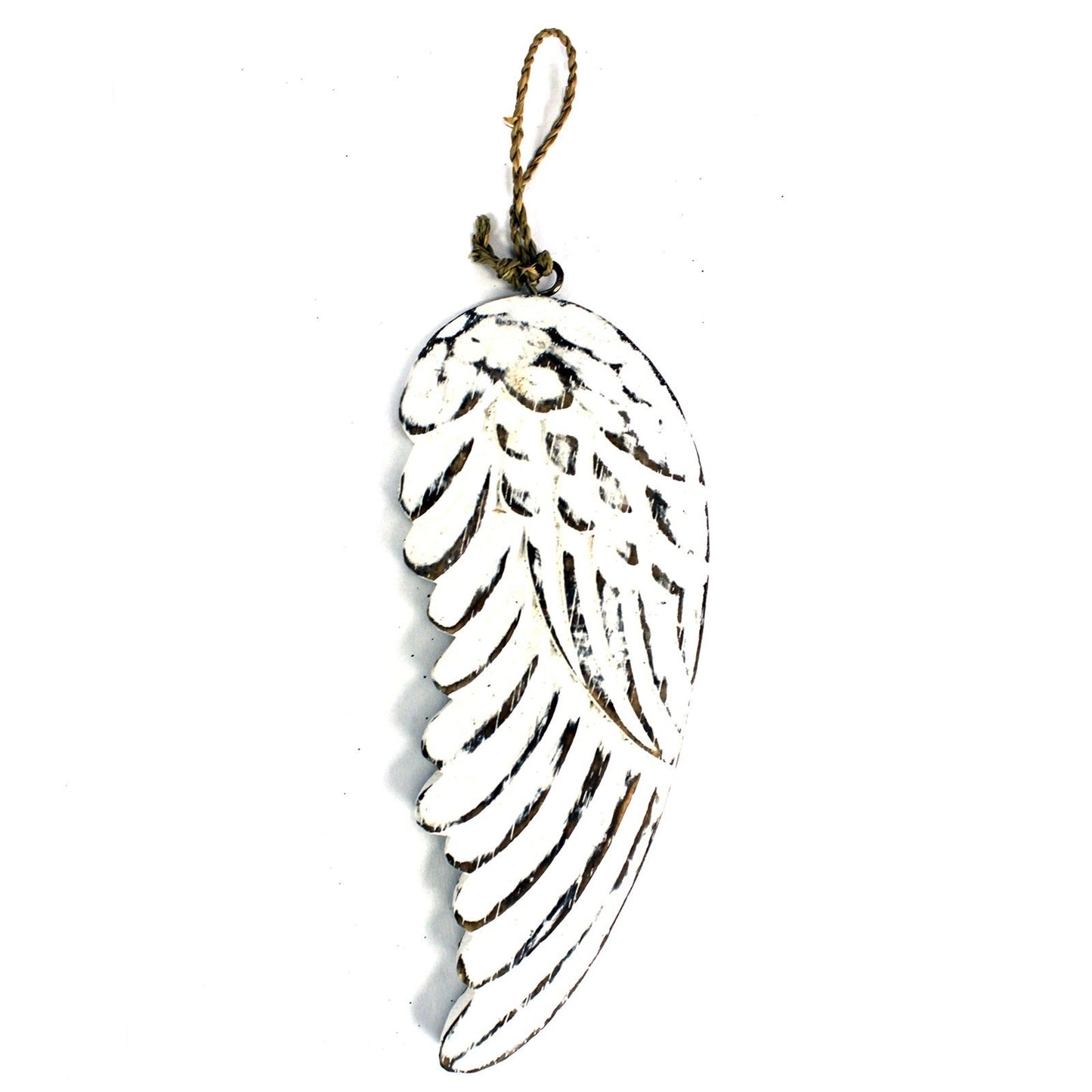Vintage style hand-carved wooden angel wing with a white washed finish and distressed detailing.