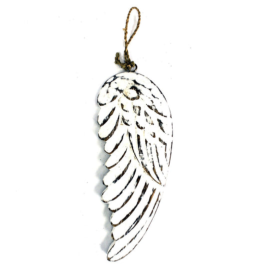 Vintage style hand-carved wooden angel wing with a white washed finish and distressed detailing.